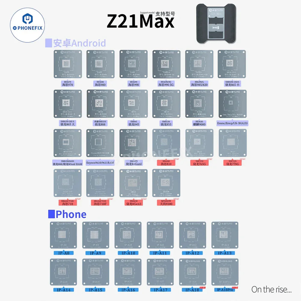 PHONEFIX MJ Z21 MAX CPU Reballing Stencil for iPhone 6-16 Pro Max repair, BGA reballing platform with 14 stencil pieces.