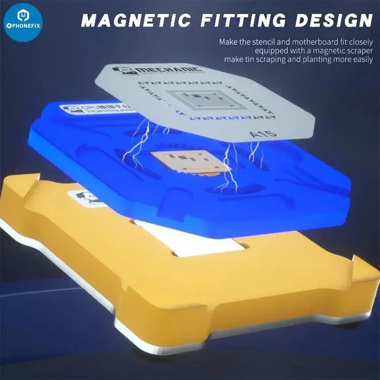Mechanic iCPU 7-in-1 BGA reballing platform for iPhone A8-A15 repair by PHONEFIX, with multiple reballing stations and tools.