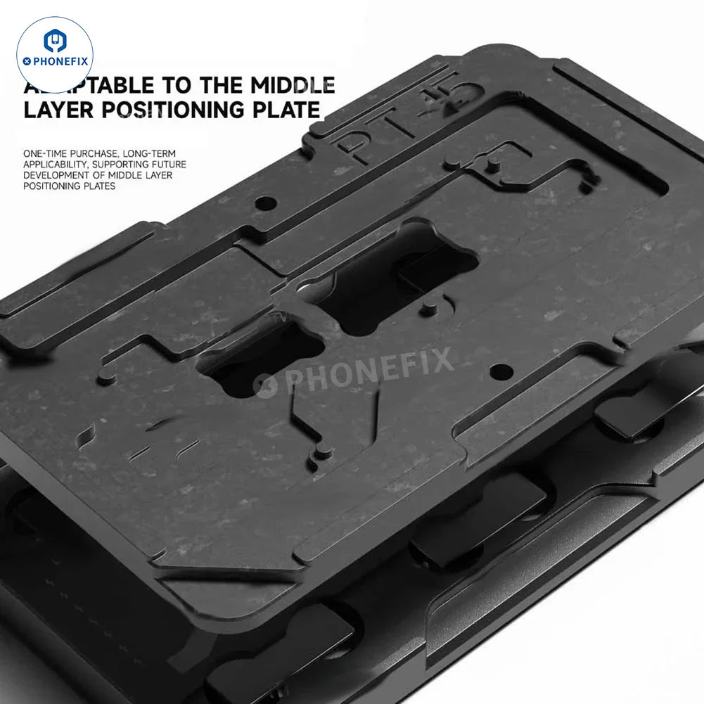 PhoneFix LUOWEI LW-PT03 BGA CPU Reballing Platform for precise reworking of BGA chips, shown with components and tools.