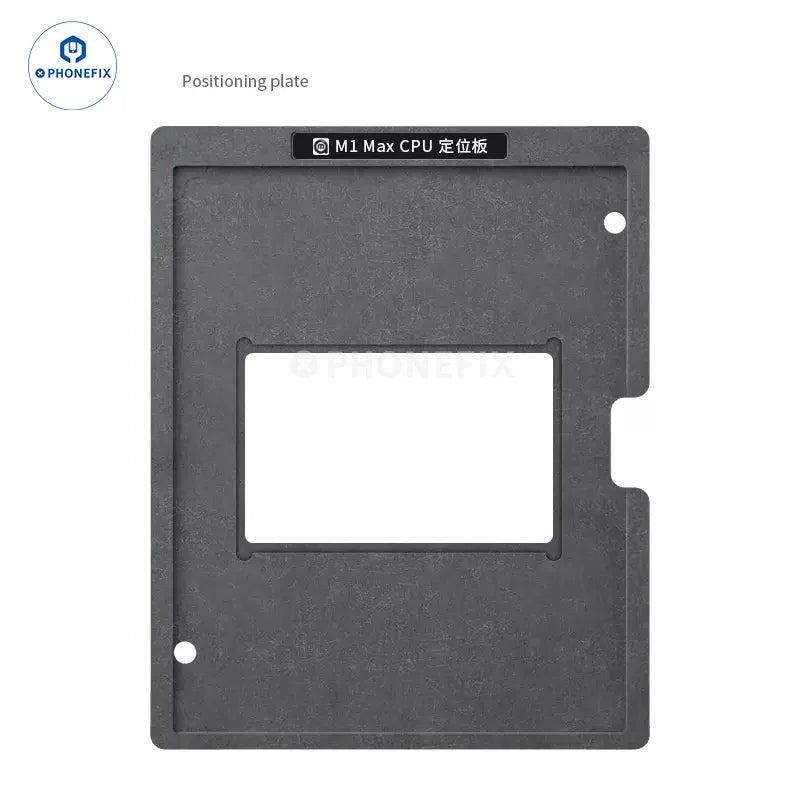 Plataforma de estañado de CPU AMEAOE para reballing BGA de MacBook M1/M2/M3 Pro, que muestra la plataforma de reballing BGA PHONEFIX con el componente de CPU.