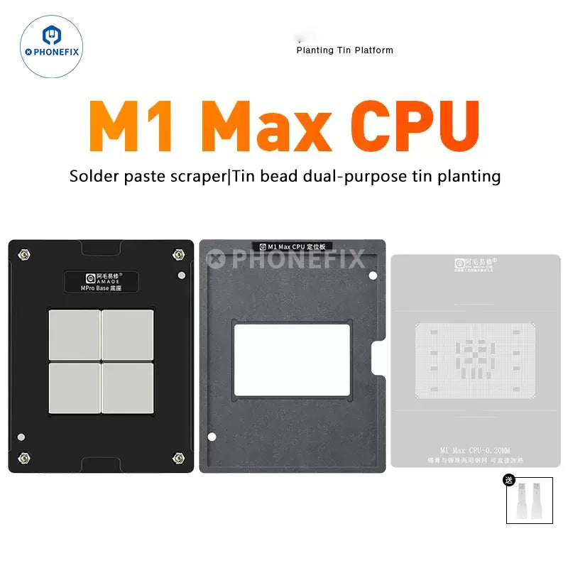 Plataforma de reballing BGA Phonefix AMAOE para CPU MacBook M1/M2/M3 Pro, con la CPU M1 Max instalada en la plataforma de colocación de estaño.