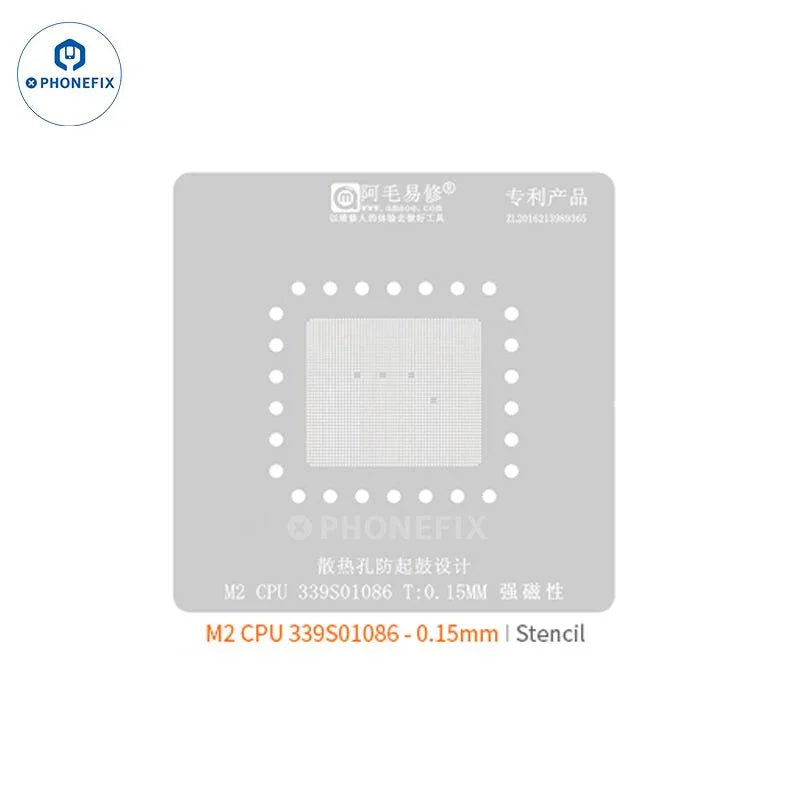 Plataforma de reballing BGA de CPU PHONEFIX AMAOE para MacBook M1/M2/M3 Pro, con plantilla de CPU M2 para un retrabajo preciso.