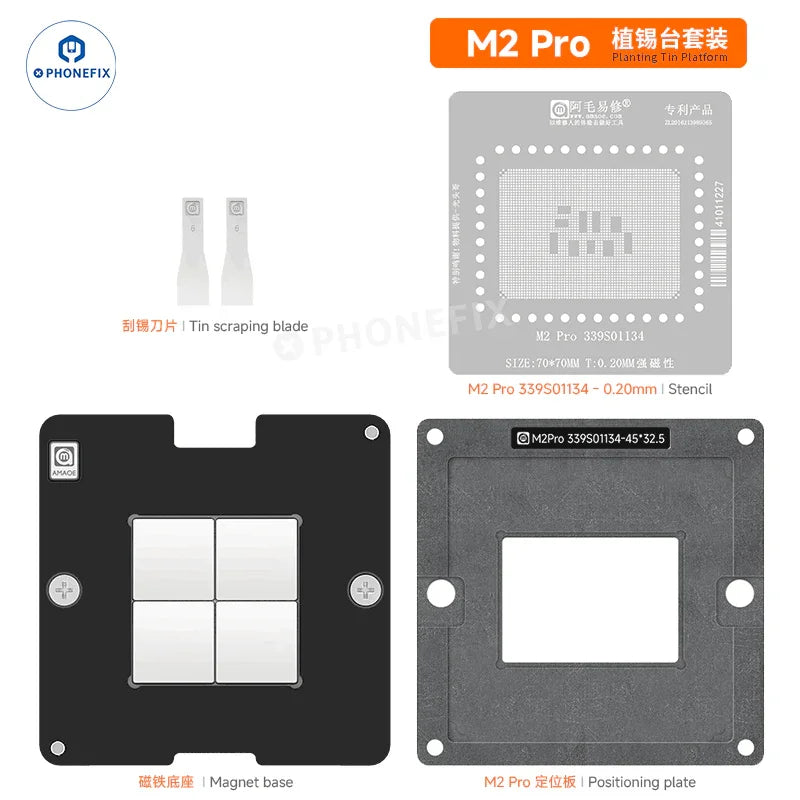 Plataforma de reballing BGA de CPU PHONEFIX AMAOE para MacBook M1/M2/M3 Pro M2Pro colocada sobre una superficie de trabajo limpia.