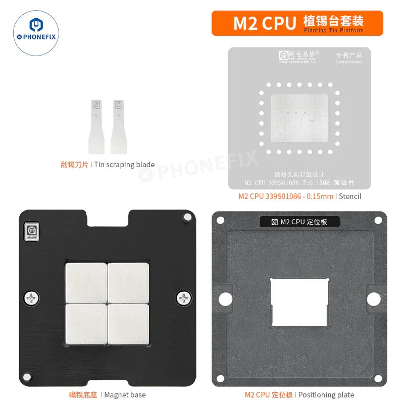 Plataforma de reballing BGA de CPU PHONEFIX AMAOE para MacBook M1/M2/M3 Pro, mostrada con la CPU M2 instalada en la plataforma de colocación de estaño.