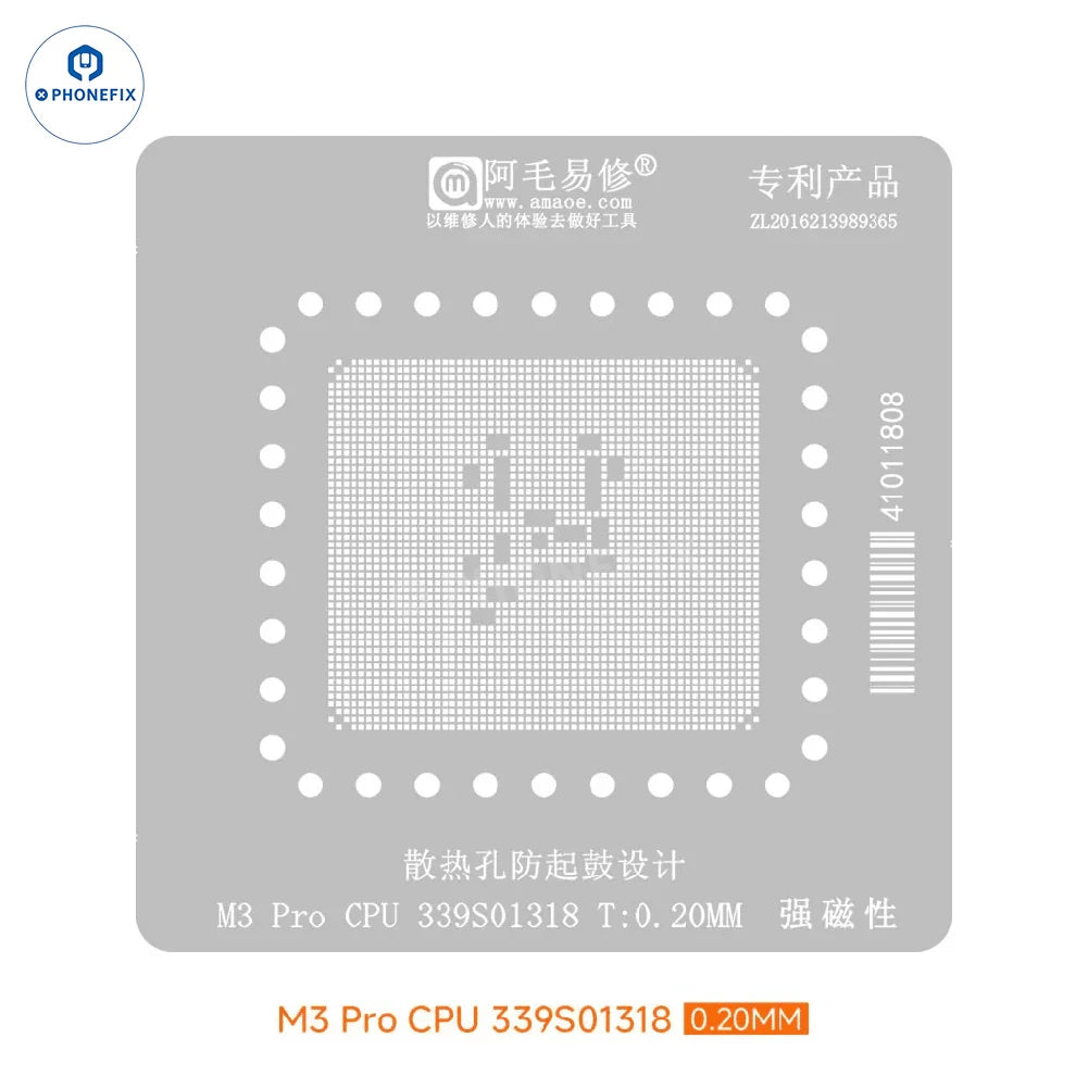 Plataforma de reballing BGA de CPU PHONEFIX AMAOE para MacBook M1/M2/M3 Pro con plantilla de estaño para una reparación precisa de la CPU.
