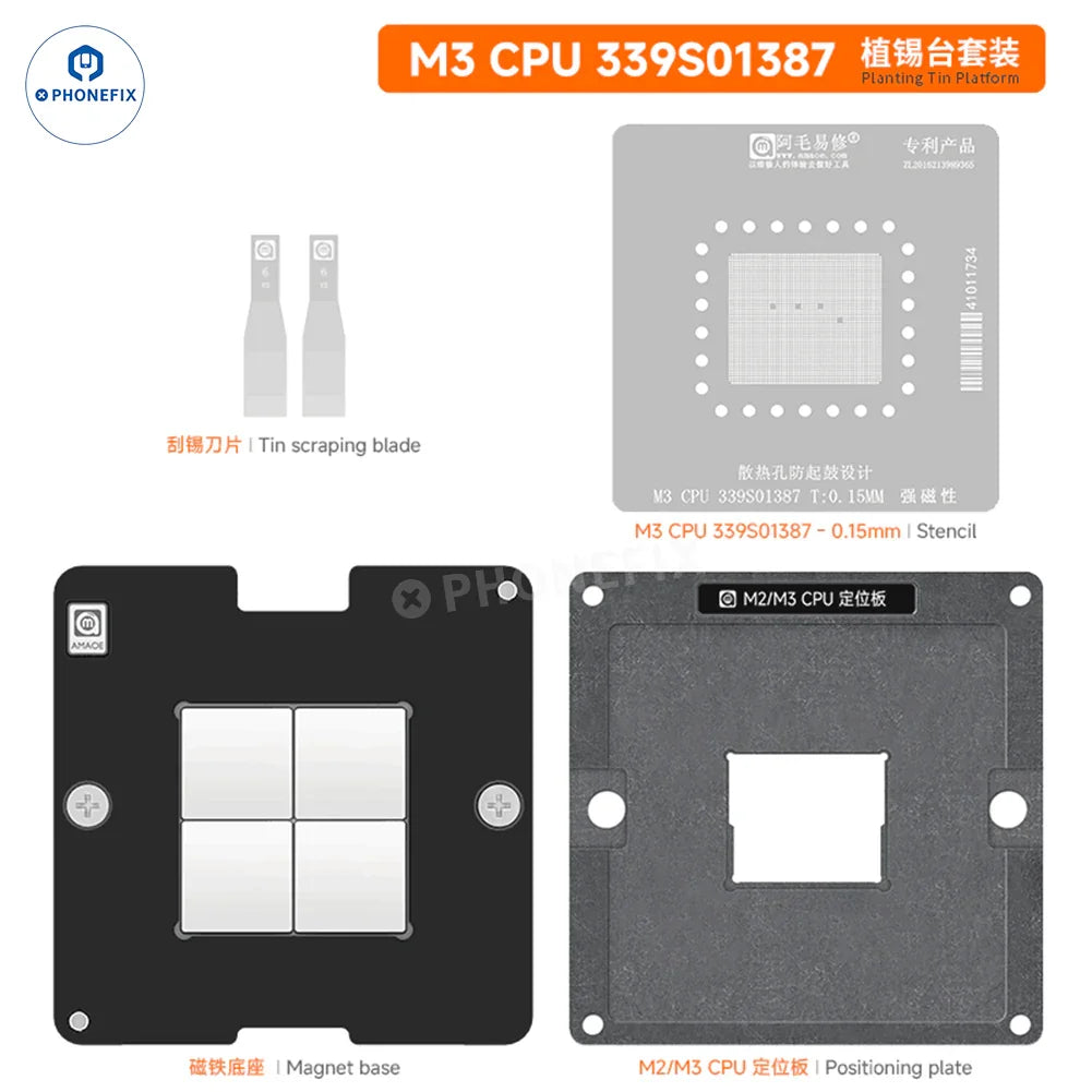 Plataforma de colocación de estaño para CPU PHONEFIX AMAOE para MacBook M1/M2/M3 Pro, plataforma de reballing BGA con conjunto M3 para un retrabajo preciso.