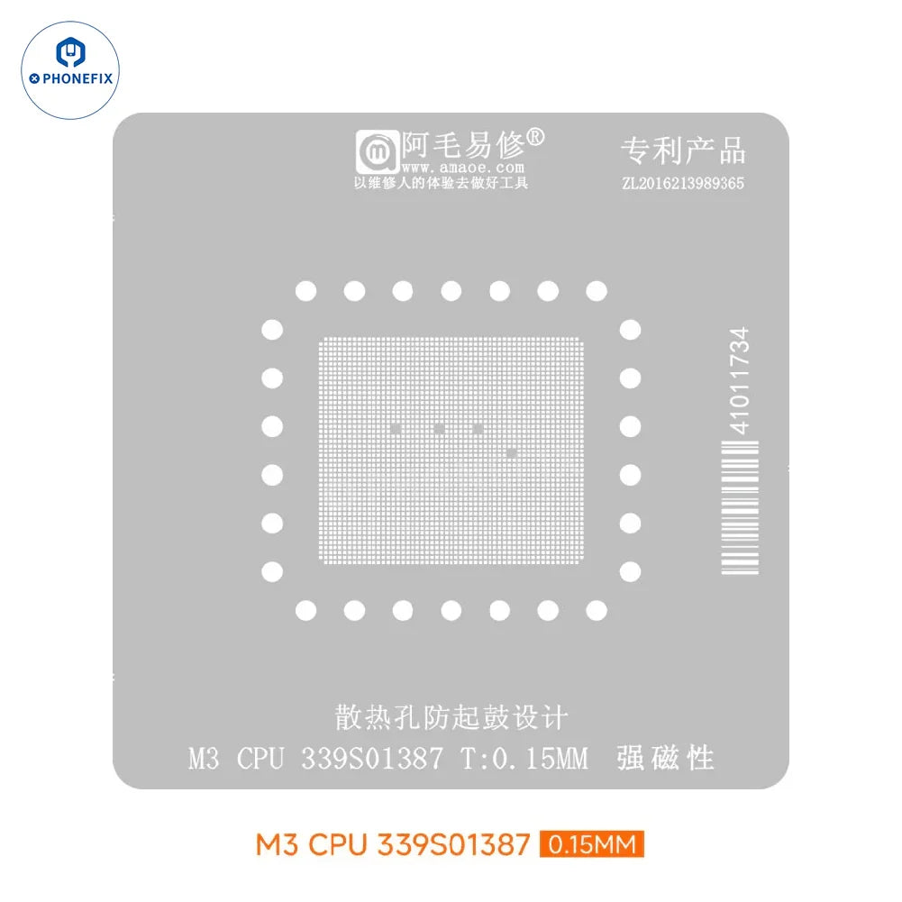 Plataforma de reballing BGA de CPU PHONEFIX AMAOE para MacBook M1, M2, M3 Pro con superficie de estañado, imagen de CPU M3.