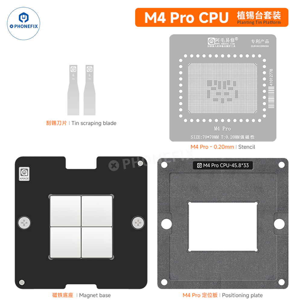 Plataforma de colocación de estaño para CPU PHONEFIX AMAOE para MacBook M1/M2/M3 Pro Plataforma de reballing BGA con CPU instalada sobre fondo negro