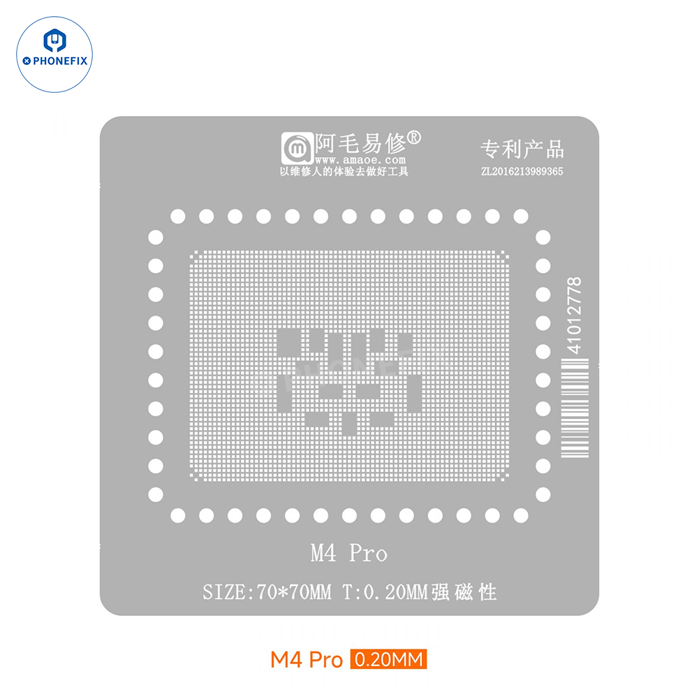 Plataforma de colocación de estaño para CPU PHONEFIX AMAOE para MacBook M1/M2/M3 Pro. Plantilla de reballing BGA para una reparación precisa.