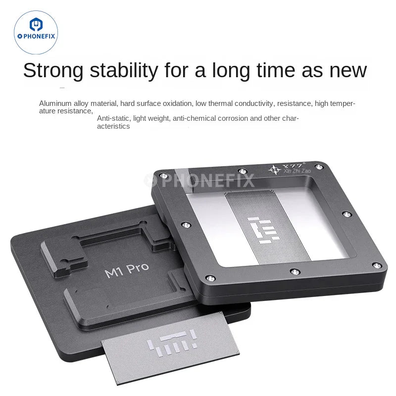 XZZ M1 Pro/M1 Max BGA Reballing Platform for MacBook CPU repair, PHONEFIX brand, showing the precise reballing tool on a work surface.
