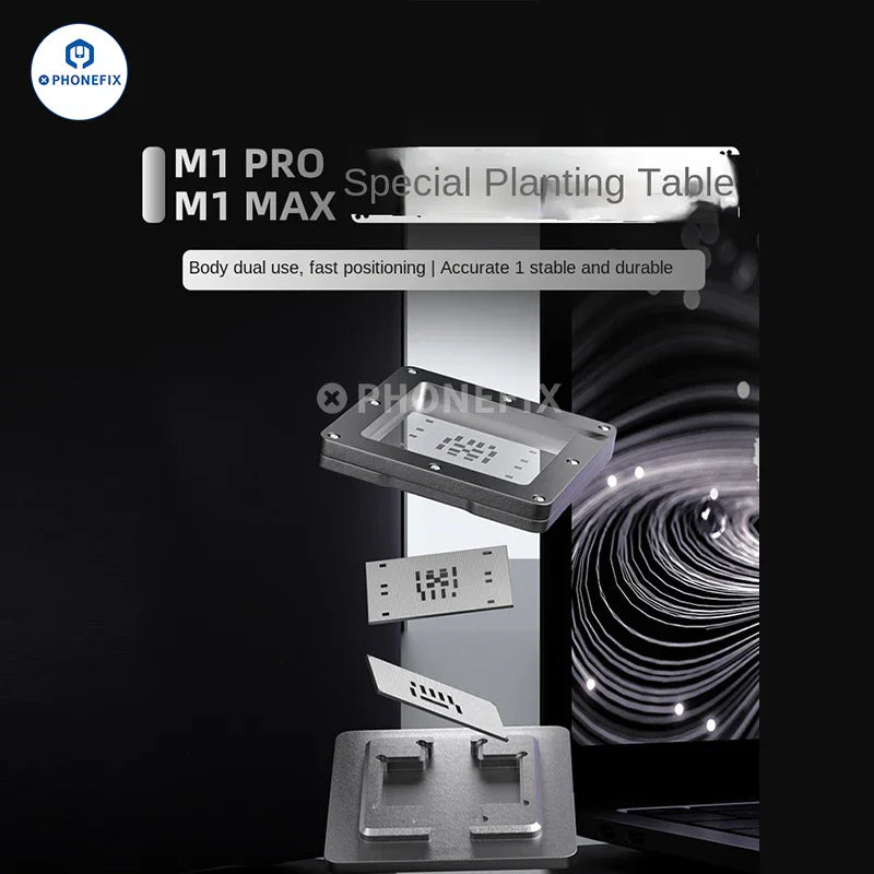 XZZ M1 Pro/M1 Max BGA Reballing Platform for MacBook CPU repair, PHONEFIX brand, showcasing the repair tool on a work surface.