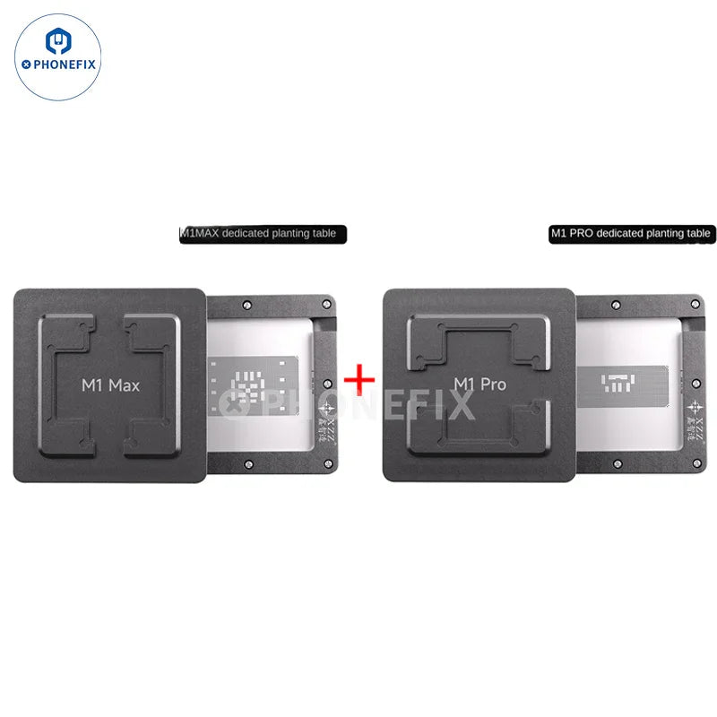 PHONEFIX XZZ M1 Pro/M1 Max BGA reballing platform for MacBook CPU repair, with precision tools and heated reballing station.