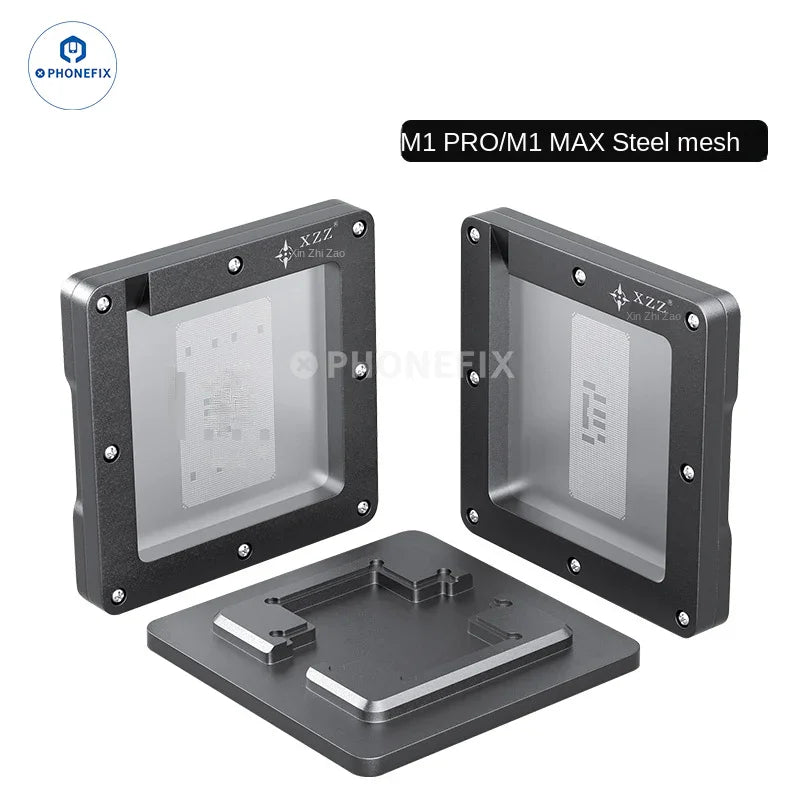 PHONEFIX XZZ M1 Pro/M1 Max BGA reballing platform for MacBook CPU repair, showing the precision reballing tool with circuit board.