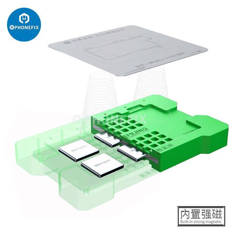 PhoneFix MIJING M21 universal magnetic base for BGA reballing, used on phone mid frames for precise rework and repair.