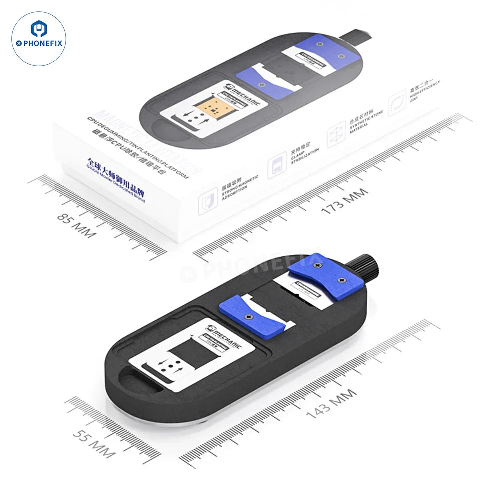 PHONEFIX MECHANIC MagTin X CPU BGA Reballing Platform for iPhone and Android repair, featuring a precise degumming and tinning setup.