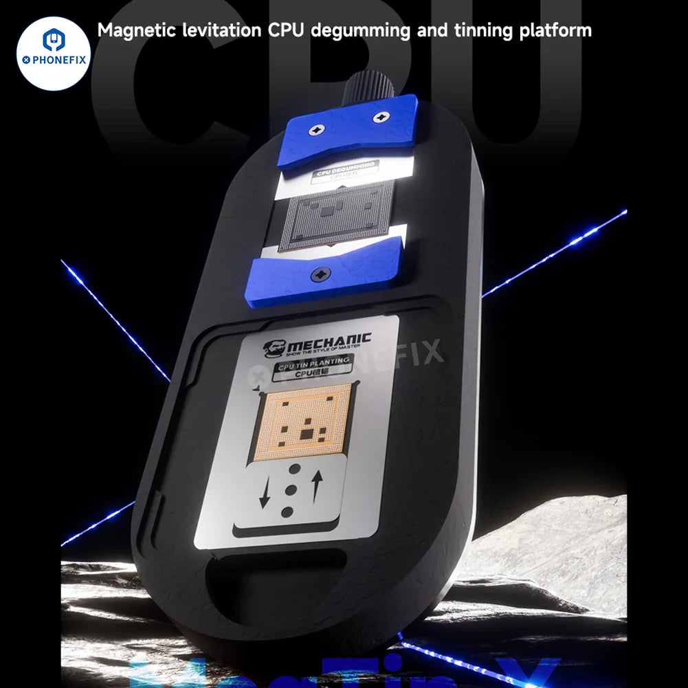 PHONEFIX MECHANIC MagTin X CPU BGA Reballing Platform for iPhone and Android devices, with metal platform and precision alignment tools.