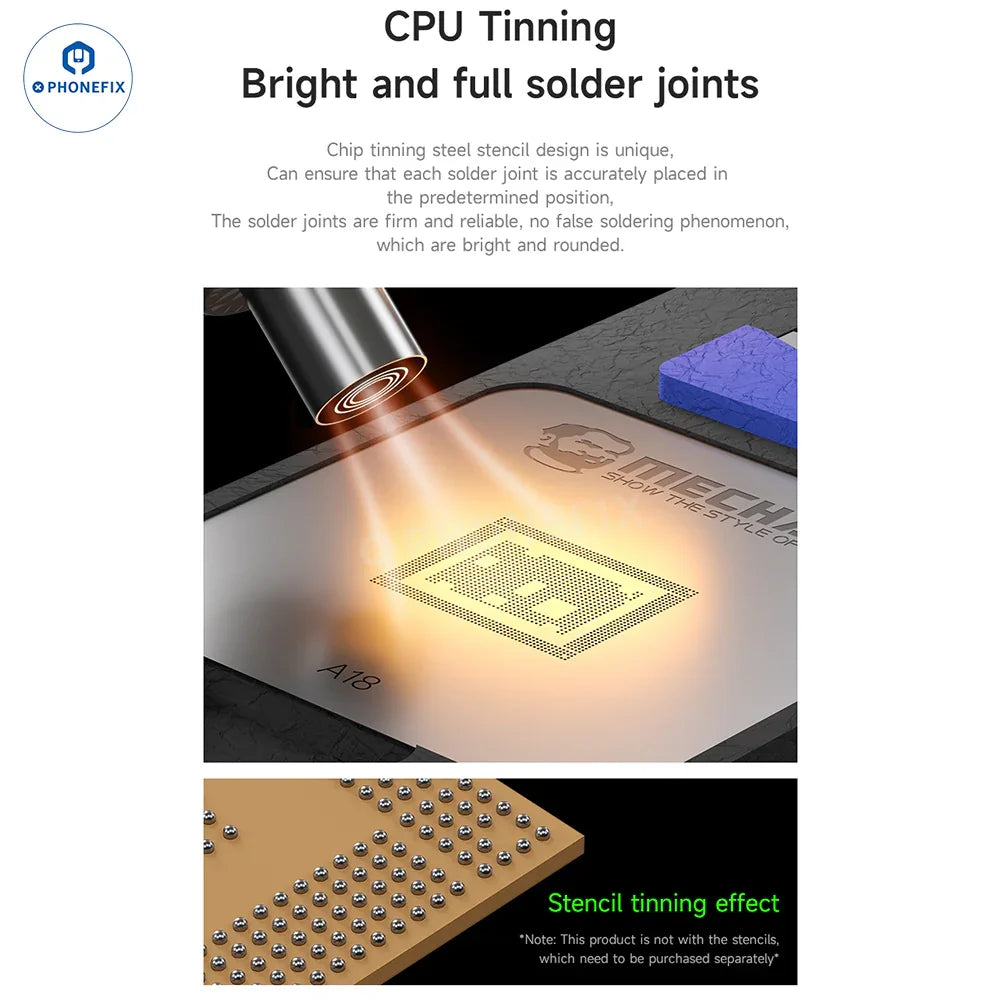 PHONEFIX MECHANIC MagTin X CPU BGA Reballing Platform for iPhone and Android devices, showing the tinning and degumming surface.