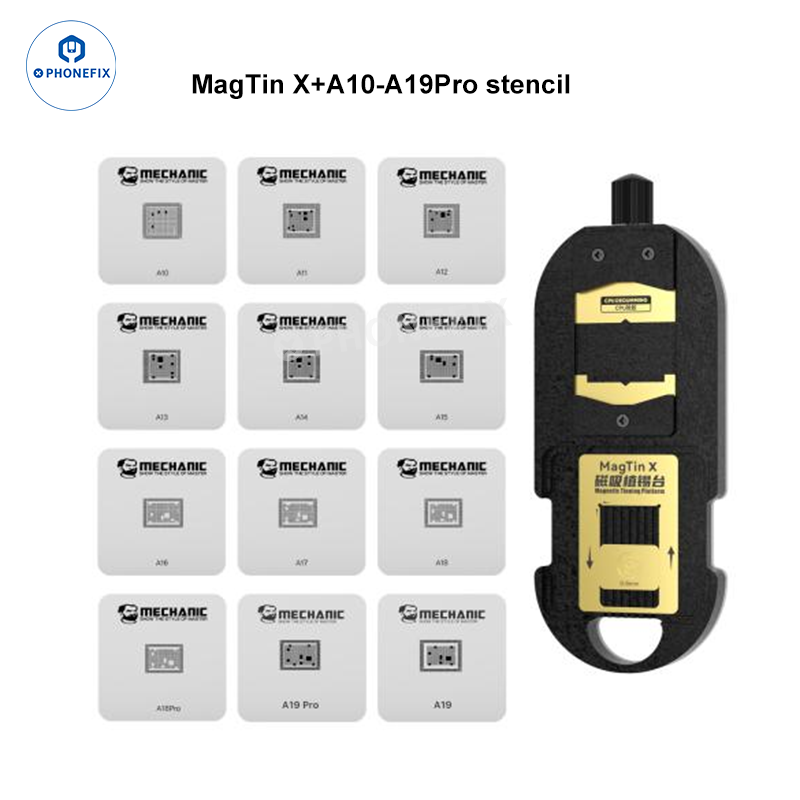 PhoneFix MECHANIC MagTin X BGA Reballing Platform for iPhone and Android CPU degumming and tinning, with magnetic tools and components.