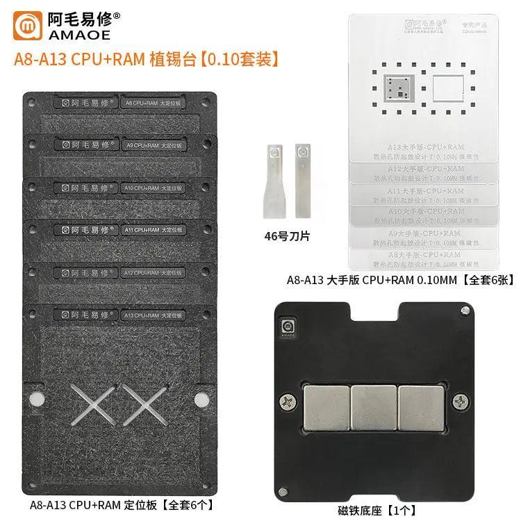 AMAOE A8-A13 BGA reballing platform with stencil for iPhone 6 to 11 Pro, used for precision CPU reballing and repair.