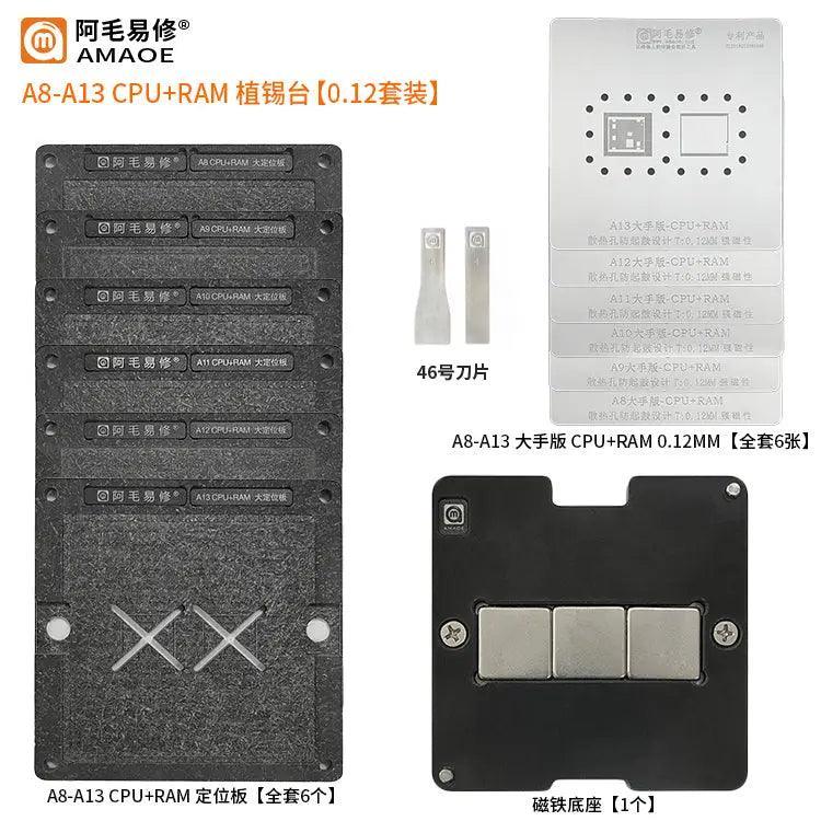 AMAOE A8-A19 Pro BGA Reballing Platform with stencil for iPhone 8-17, magnetic repair tool for phone reballing and soldering.