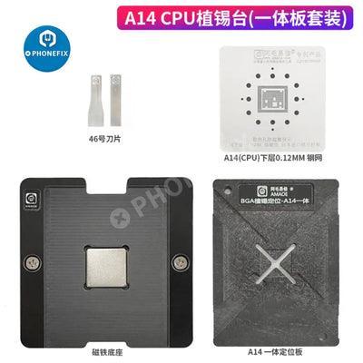 AMAOE A8-A19 Pro BGA Reballing Platform with stencil and metal base for iPhone 8-17, by PHONEFIX, used for CPU rework and repair.