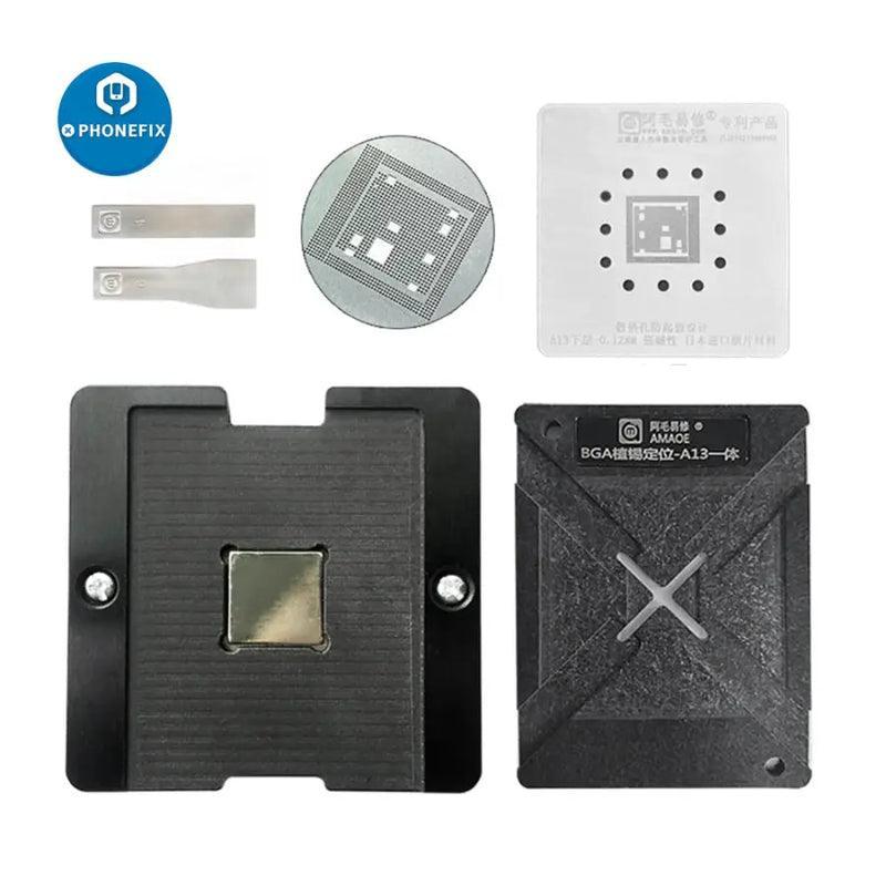AMAOE A8-A19 Pro CPU BGA Reballing Platform with stencil for iPhone 8-17, featuring magnetic positioning plate for precise repairs.
