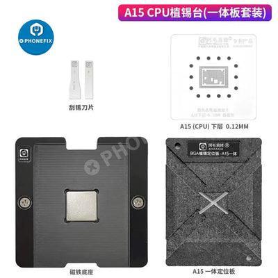AMAOE A8-A19 Pro BGA Reballing Platform with stencil for iPhone 8-17, used for precise CPU reballing and positioning.