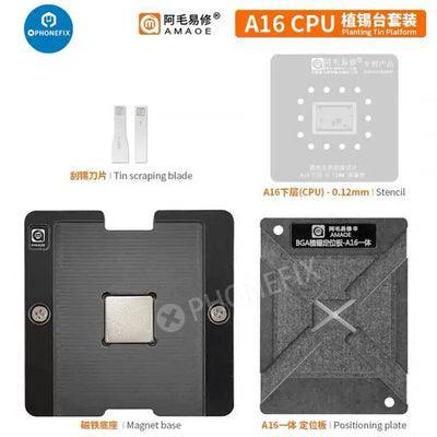 AMAOE A8-A19 Pro BGA reballing platform with stencil for iPhone 8-17, used for precise CPU reballing and repair.