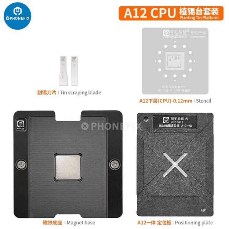 AMAOE A8-A19 Pro BGA reballing platform with stencil for iPhone 8-17, used for precise CPU reballing and repair.