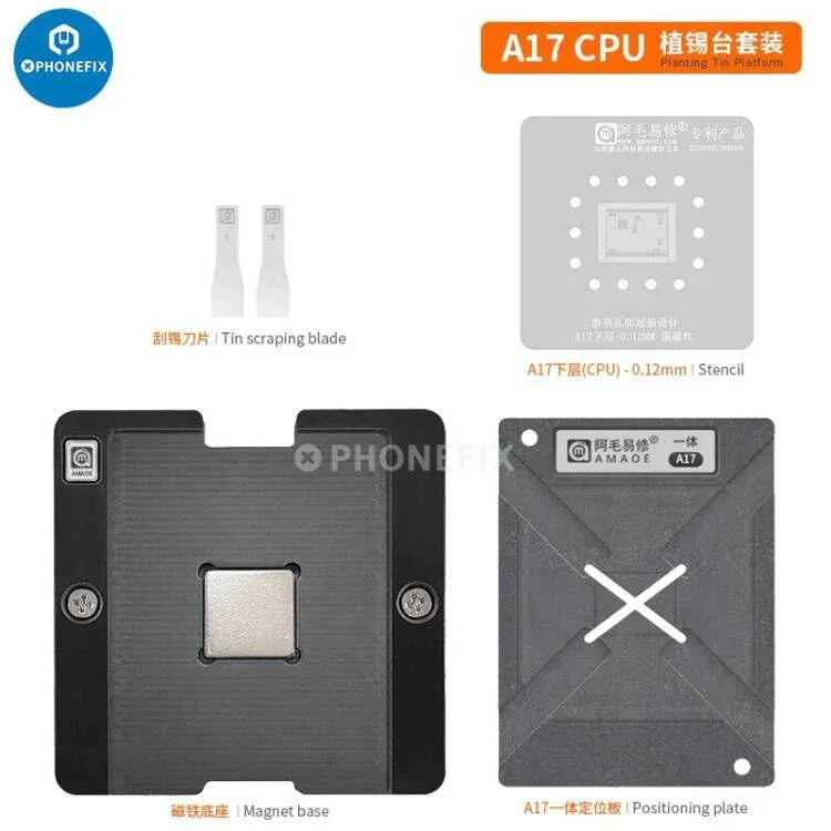 PHONEFIX A8-A19 Pro BGA Reballing Platform with stencil for iPhone 8 to 17, featuring a compact, professional reballing setup.