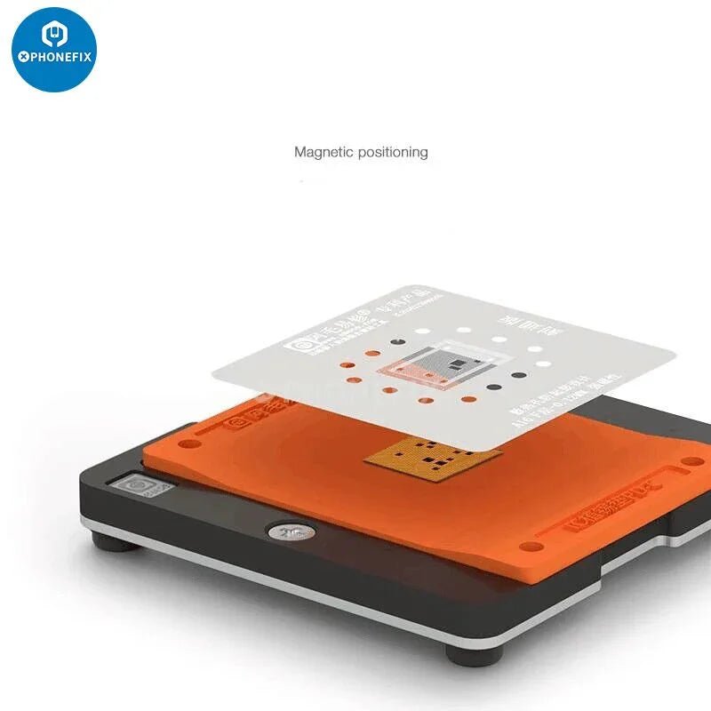 PHONEFIX AMAOE A8-A19 Pro BGA Reballing Platform with stencil for iPhone 8 to 17 repair, used for CPU reballing and rework.
