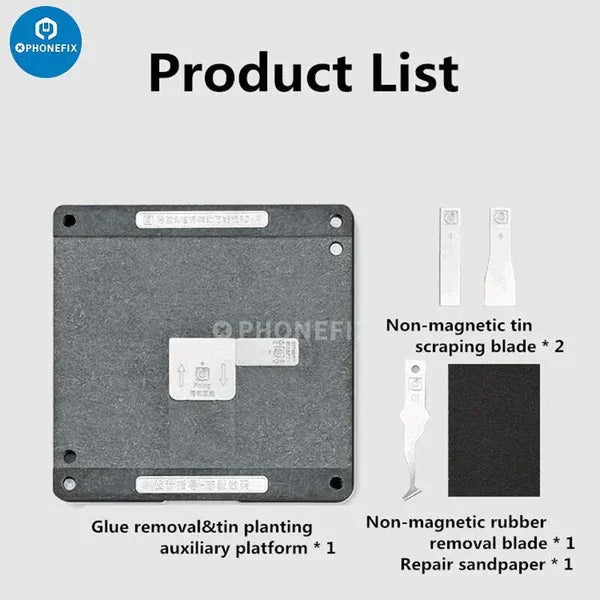 AMAOE A8-A19 Pro BGA reballing platform with stencil for iPhone 8-17, used for precise CPU reballing and repair.