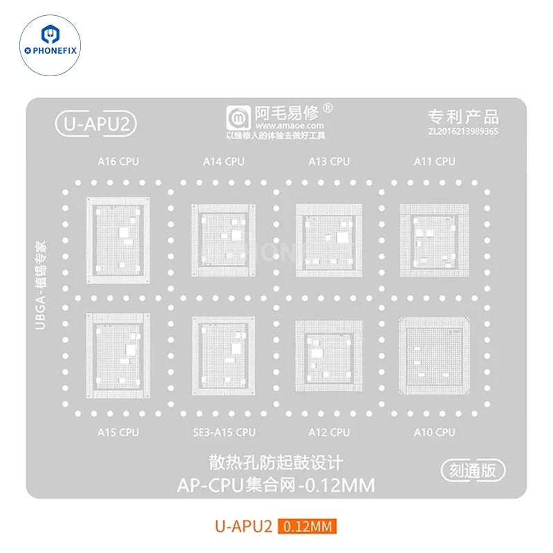 PHONEFIX AMAOE A8-A19 Pro BGA Reballing Platform with stencil for iPhone 8-17, showing the reballing device and stencil in use.