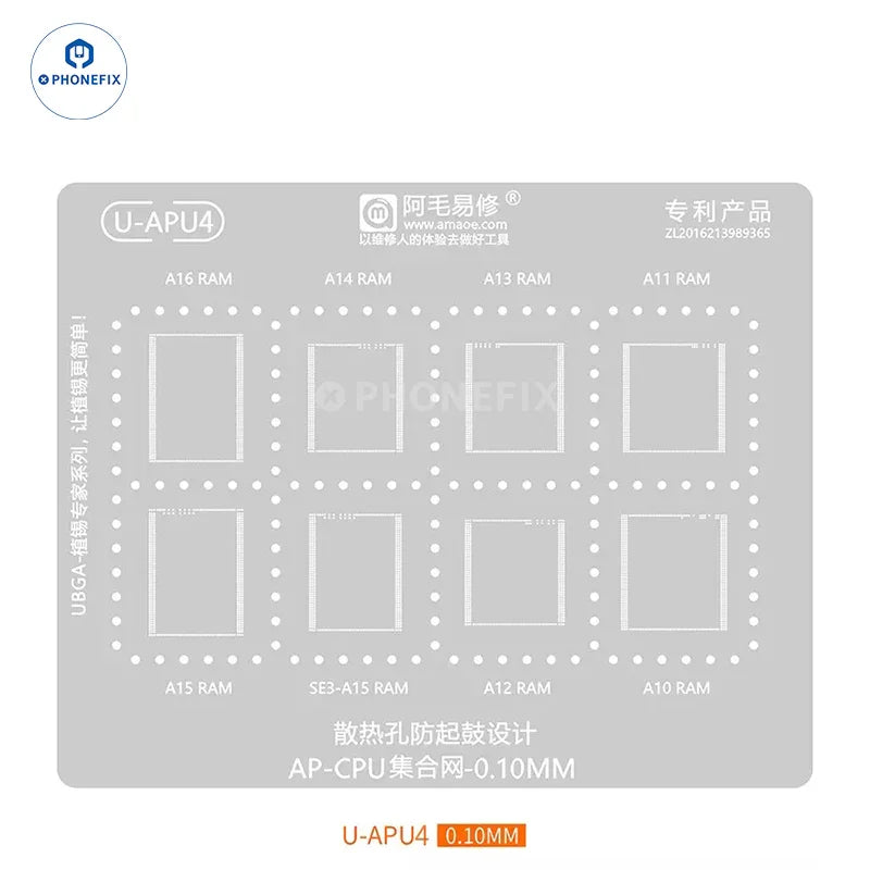 PHONEFIX AMAOE A8-A19 Pro BGA reballing platform with stencil for iPhone 8-17, featuring a precision reballing setup on a sleek workspace.