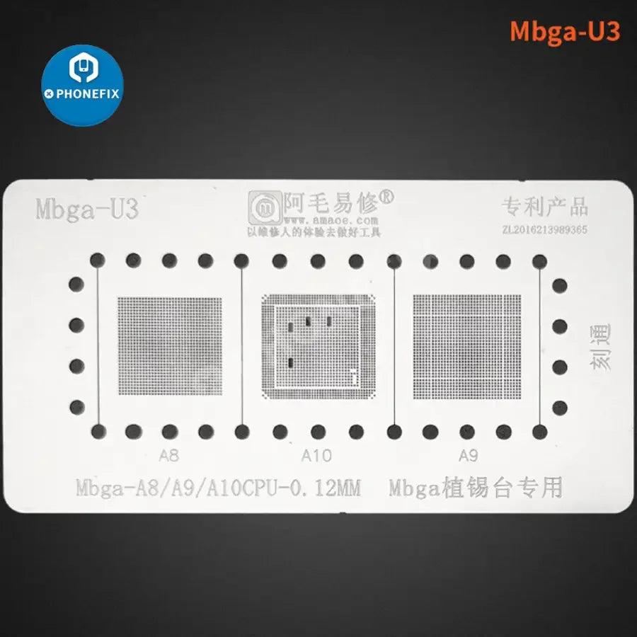 Phonefix BGA reballing platform for Amaoe MBGA-B12 A8-A18 Pro CPUs, with precise positioning stencil for CPU reballing.