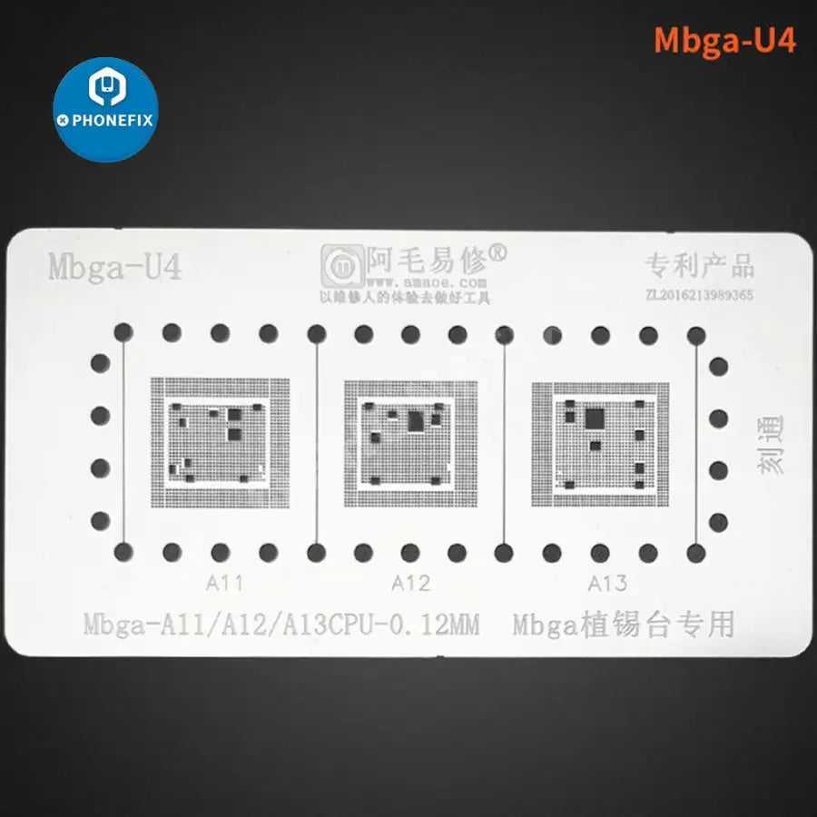 PhoneFix Amaoe MBGA-B12 A8-A18 Pro CPU reballing stencil positioning platform for precise BGA reballing repair.