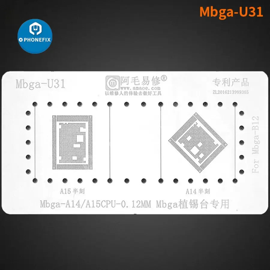 Phonefix BGA reballing platform for Amaoe MBGA-B12 A8-A18 Pro CPUs, used for precise stencil positioning during reballing.