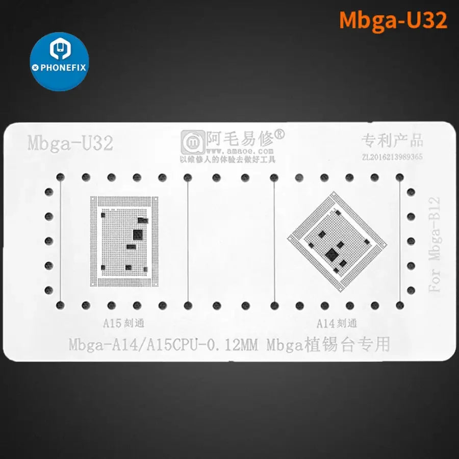 Phonefix BGA reballing platform for Amaoe MBGA-B12 A8-A18 Pro CPU, with precise stencil positioning for reballing repairs.