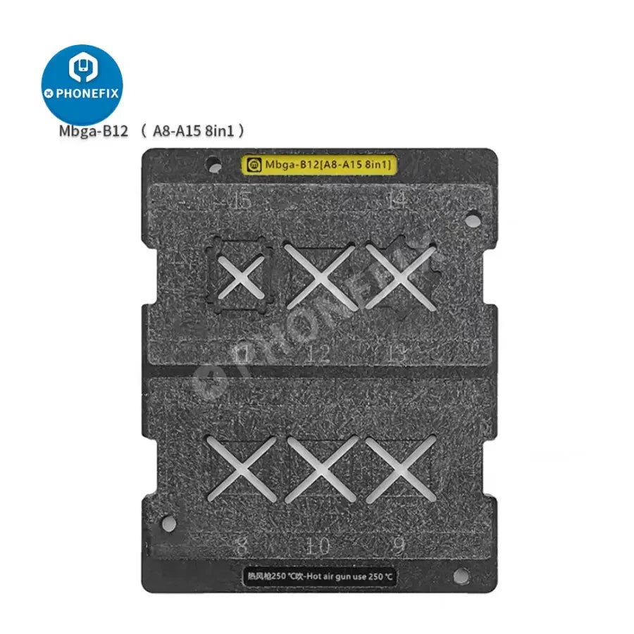 Phonefix BGA reballing platform for Amaoe MBGA-B12, A8-A18 Pro CPUs, with precise stencil positioning for rework and repair.
