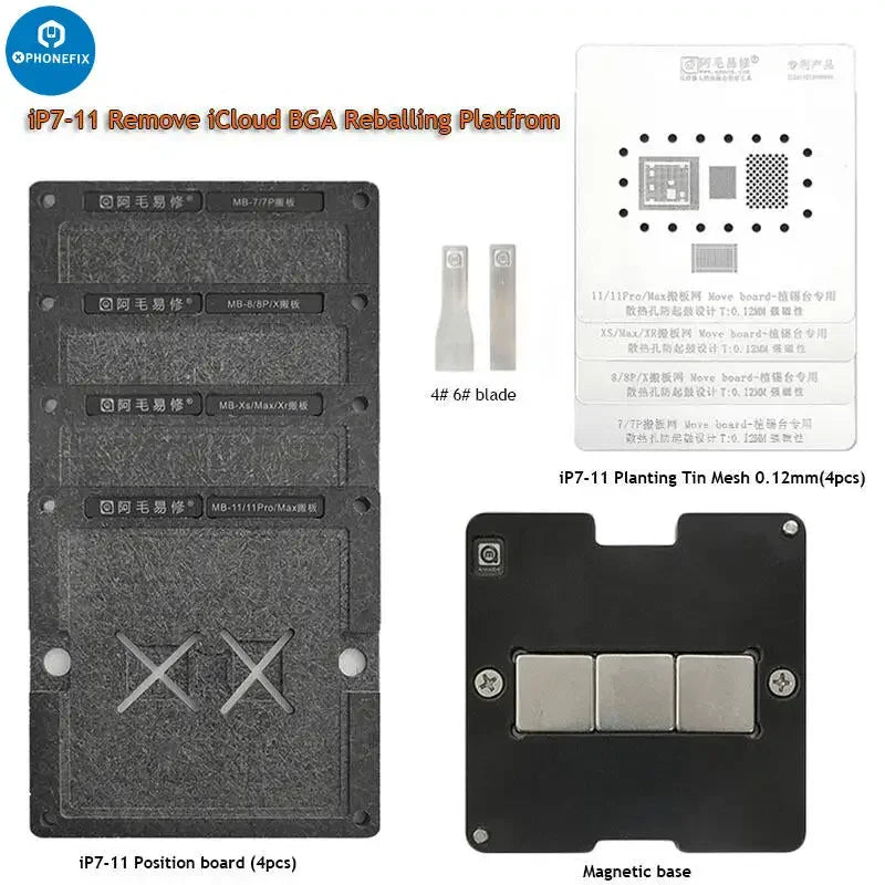 PHONEFIX BGA Reballing Platform for iPhone 7-16PM, CNC motherboard swap and reballing station with multiple tools and components.