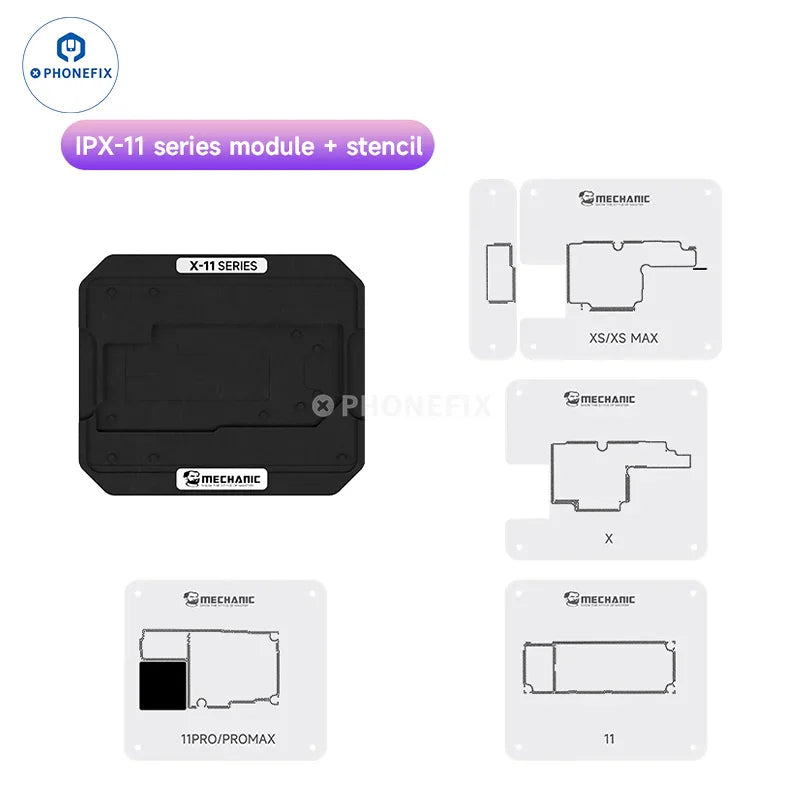 PhoneFix BGA reballing platform for iPhone X to Pro Max, used for precise reballing and repair of mobile device circuit boards.