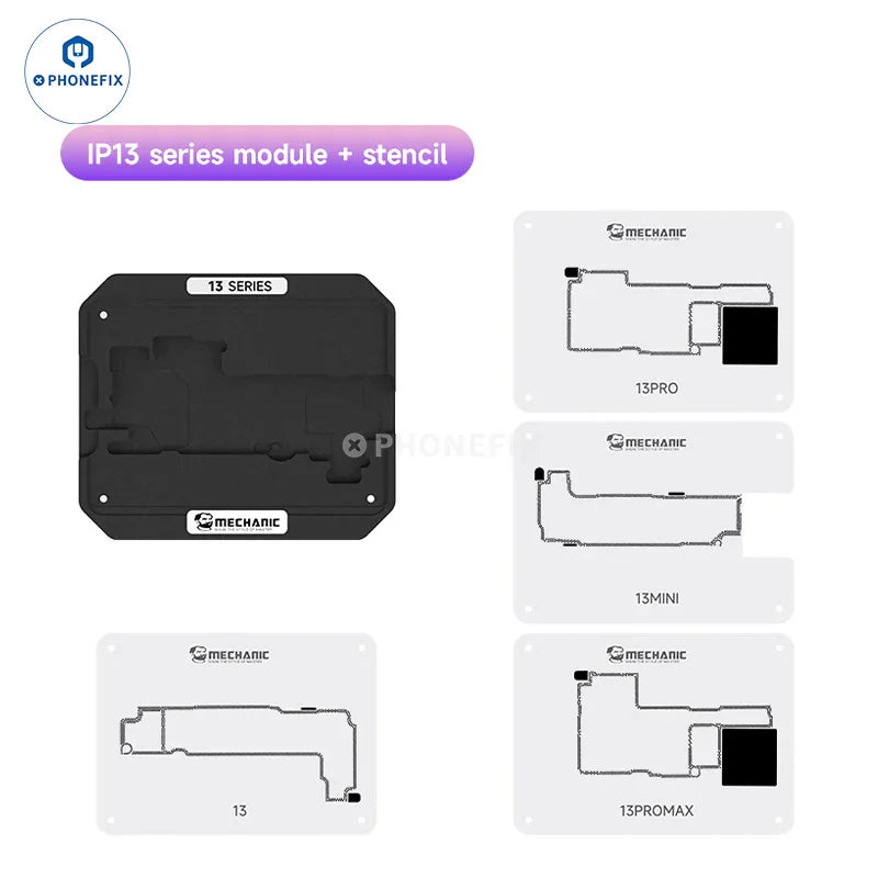 PHONEFIX BGA reballing platform for iPhone X-16 Pro Max, showing the mid-layer reballing setup with tools and circuit board.