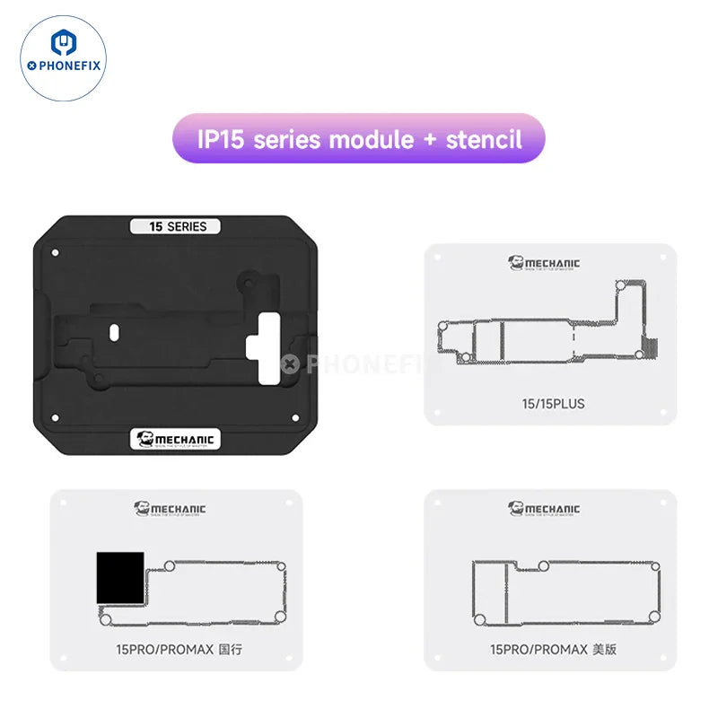 PHONEFIX BGA reballing platform for iPhone X to 16 Pro Max, mid-layer reballing device with heating elements and precision tools.