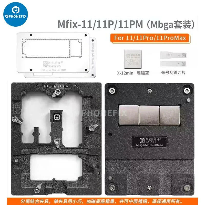 PhoneFix Amaoe MFix X-15PM BGA reballing platform with middle layer tin planting setup for motherboard repair.