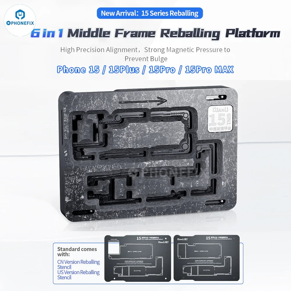 QianLi iPhone 15 Series BGA reballing platform by PHONEFIX, featuring a 6-in-1 set with precision tools for iPhone 15 middle frame repair