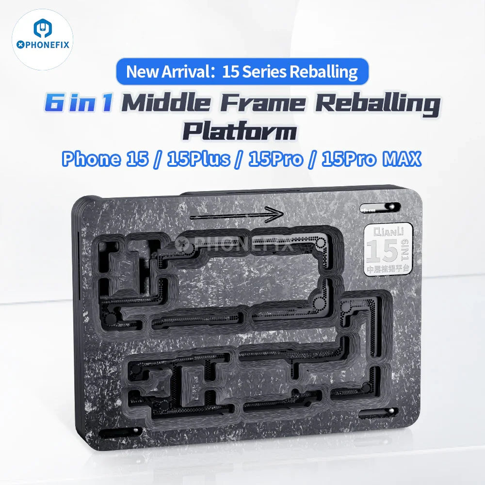 Plataforma de reballing BGA QianLi para la serie iPhone 15 de PHONEFIX, que incluye una configuración de reballing de marco central 6 en 1 para la reparación de iPhone.