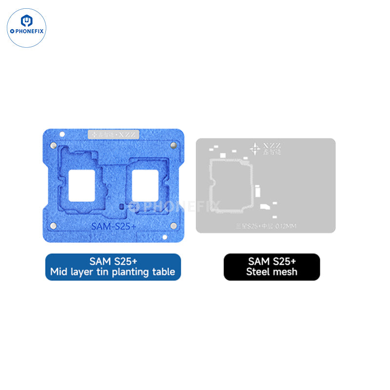 XZZ AR SAM Middle Layer BGA Reballing Platform for Samsung S21 to S25 Ultra by PHONEFIX, shown on S25 Plus model.