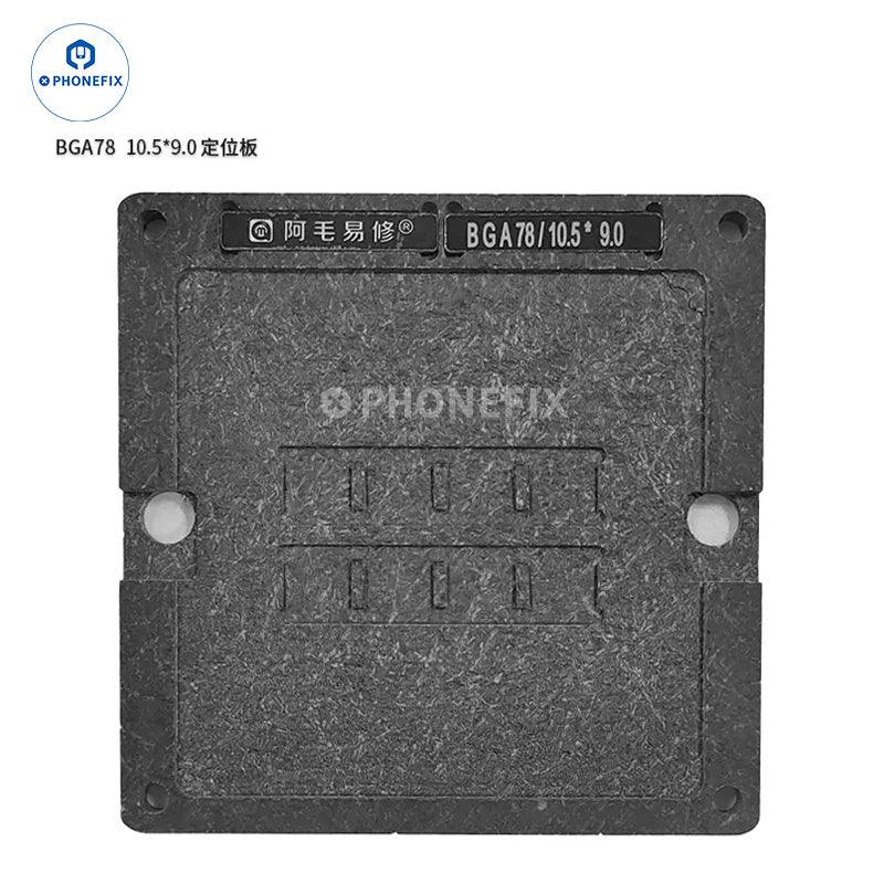 PHONEFIX BGA78/178 Reballing stencil platform for MacBook memory and flash repair, showing the metal stencil with precise openings.