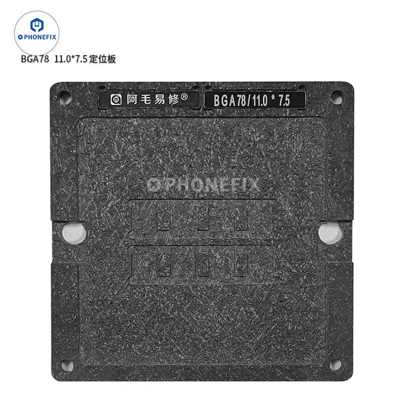 PHONEFIX AMAOE BGA78/178 BGA reballing stencil for MacBook memory and flash repair, shown on a reballing platform.