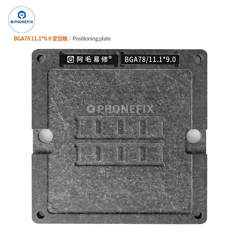 PHONEFIX BGA78/178 reballing platform stencil for MacBook memory and flash repair, showing the detailed metal stencil with holes.